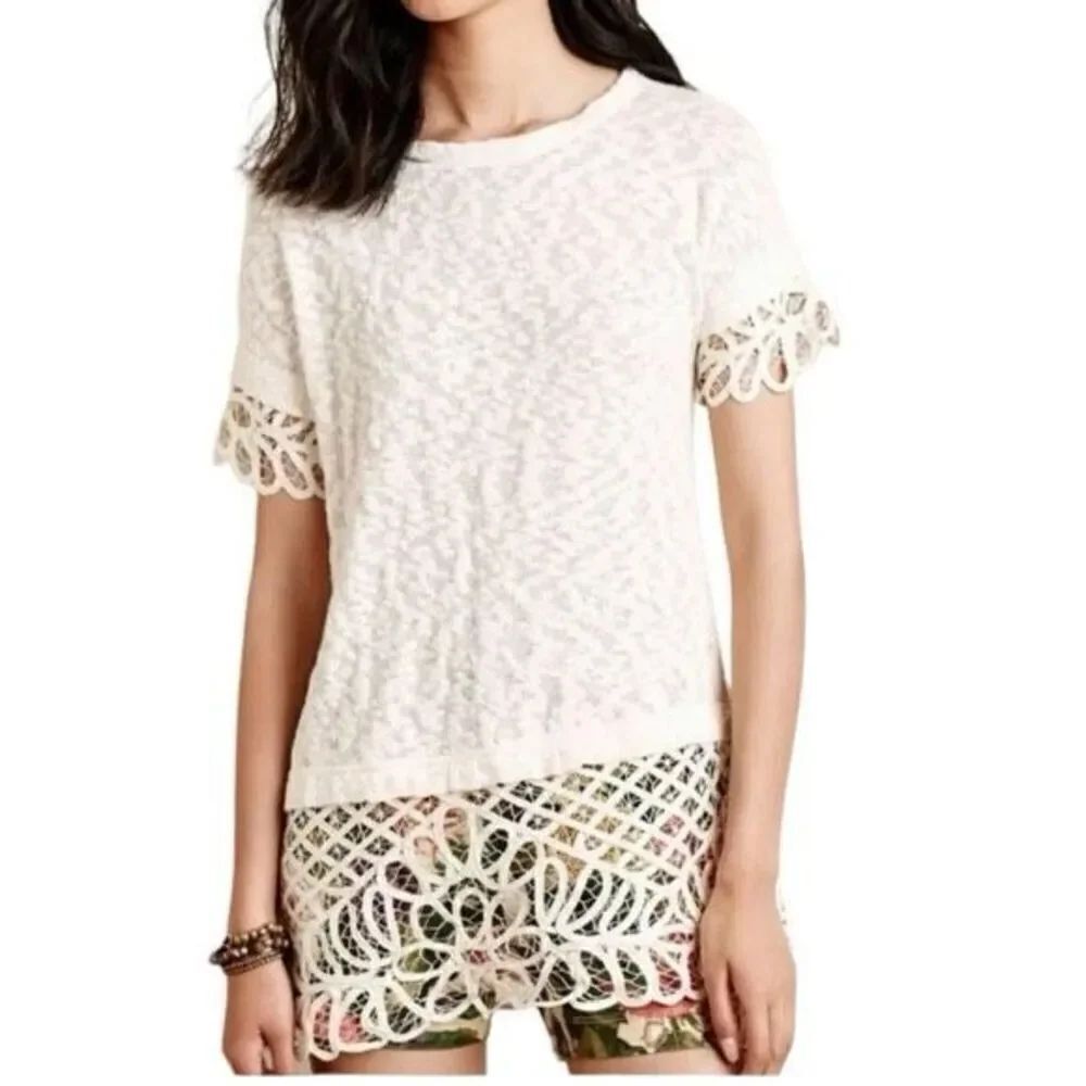 Sunday Monday cream textured lace trim sleeves and bottom Sz XS tunic